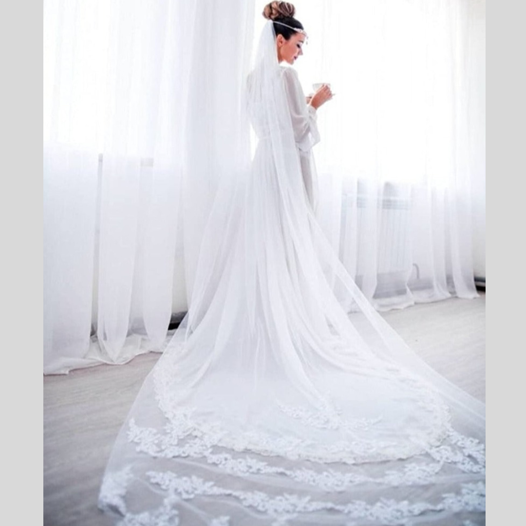 Elegant white church wedding veil with soft tulle, patch border, and face covering blusher