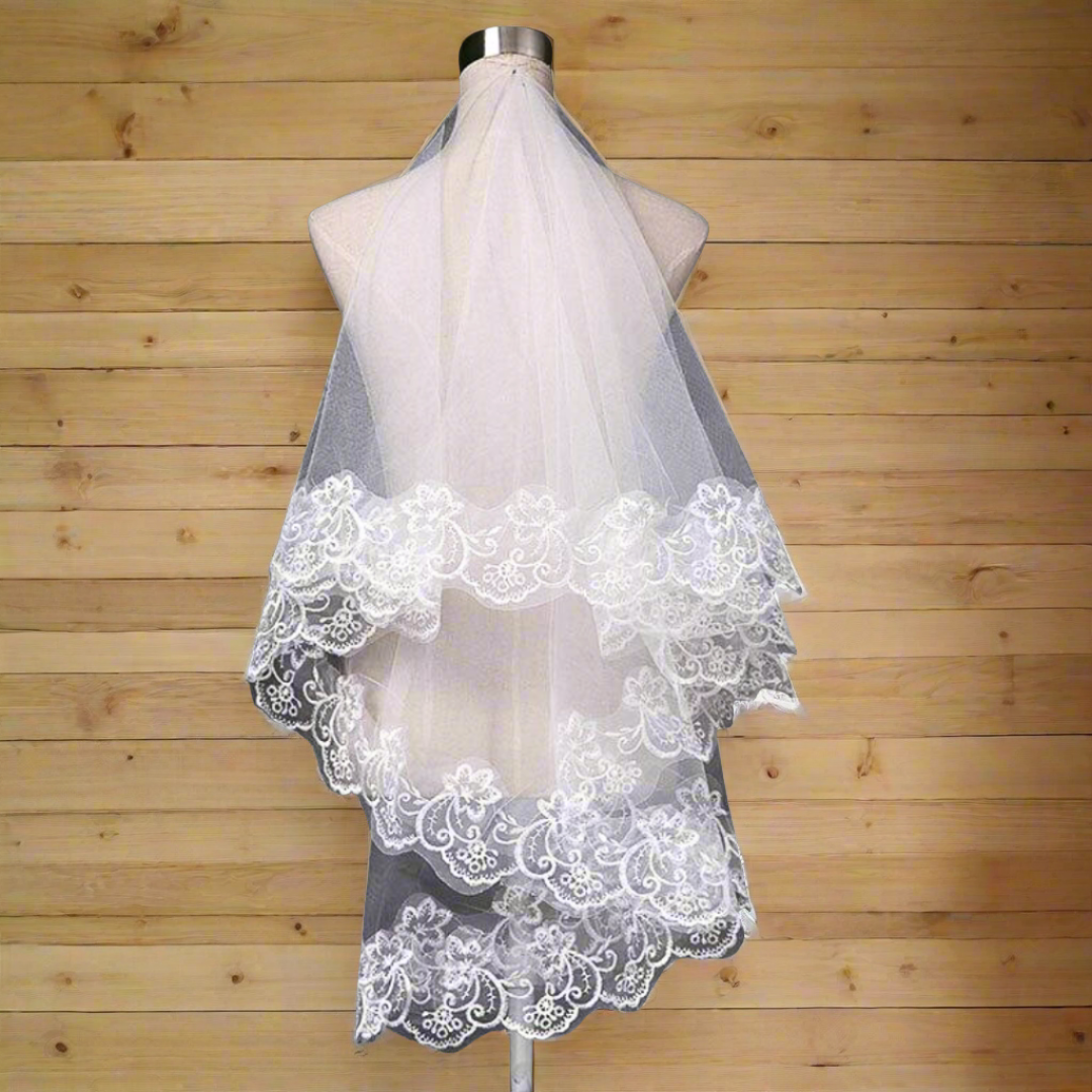 Model wearing Long Bridal Veil with bridal gown — GownLink GLV09