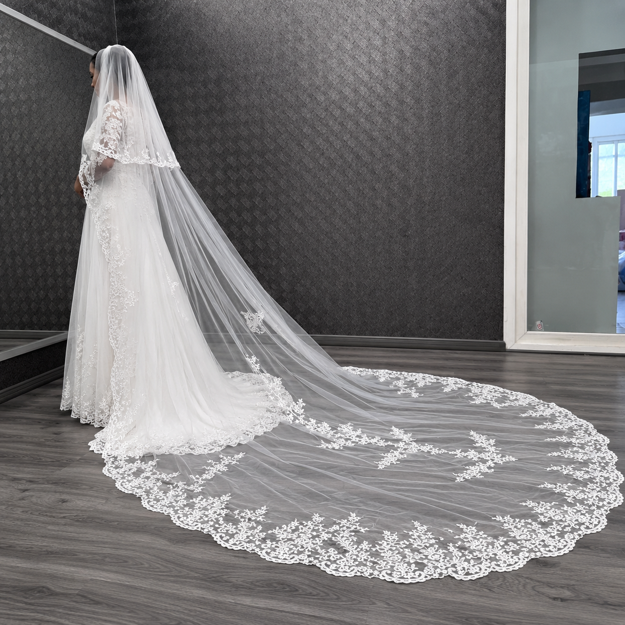 Cathedral bridal veil with floral lace trim for elegant bridal look