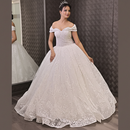 Back closure and button detail on White Ball Gown with Off-Shoulder — GownLink GLGF108