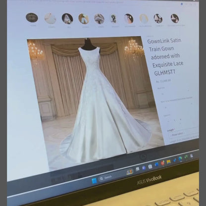 GownLink White Satin Christian Catholic Church Wedding Bridal Train Gown with Lace - GLHMST7