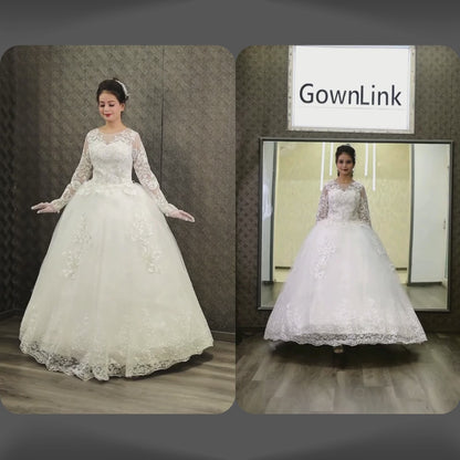 GownLink White Catholic Wedding Ball Gown for Christian & Church Brides Full Sleeves Lace Applique Bridal Wedding Gown -GLGF038B