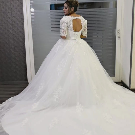 GownLink White Trail Wedding Dress Long Sleeves GLFSM477