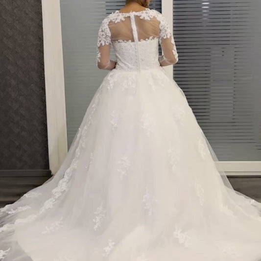 GownLink Stunning Train Gown White Church Wedding Gown with Beaded Lace GLGT009