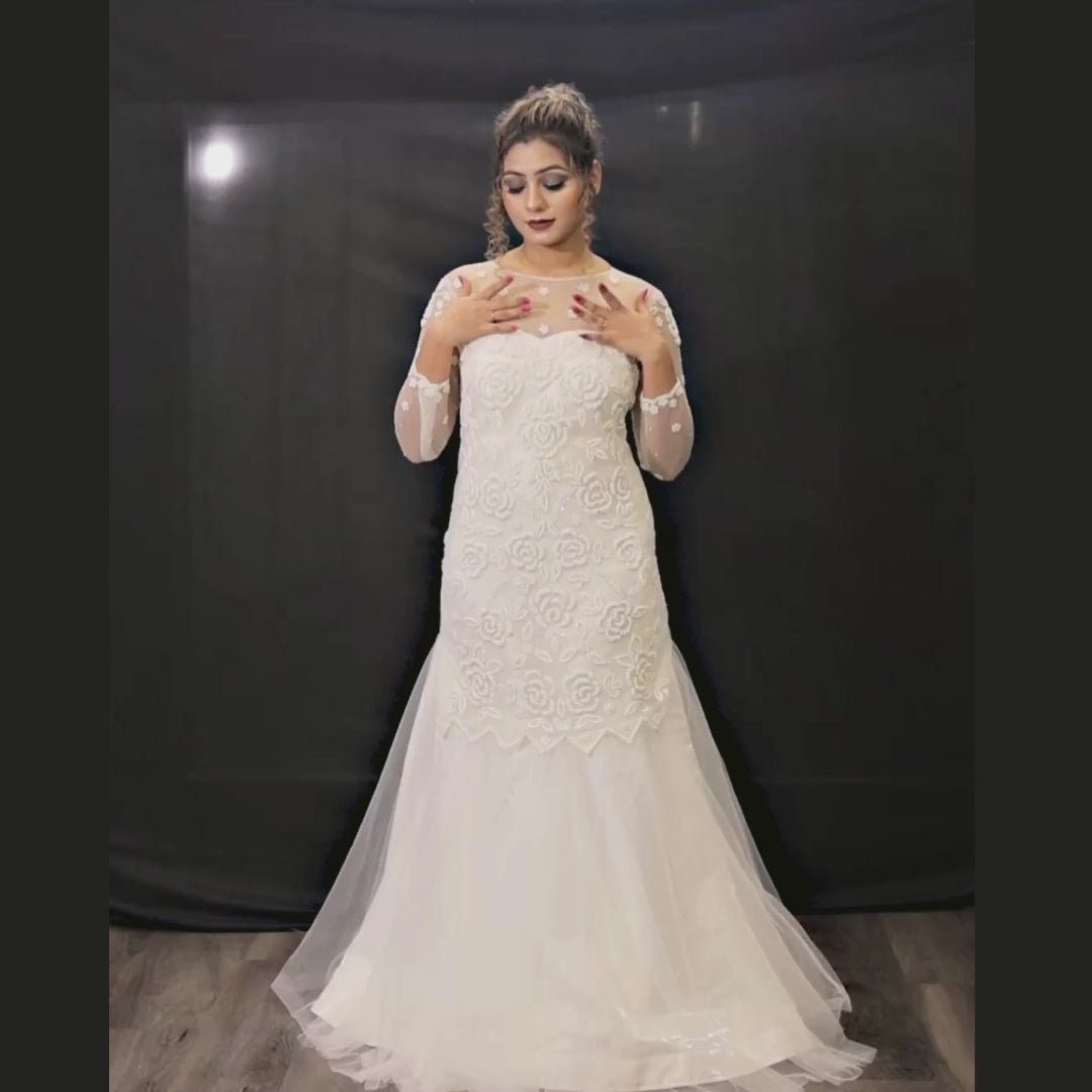 White catholic Fish cut wedding dress in Banglore