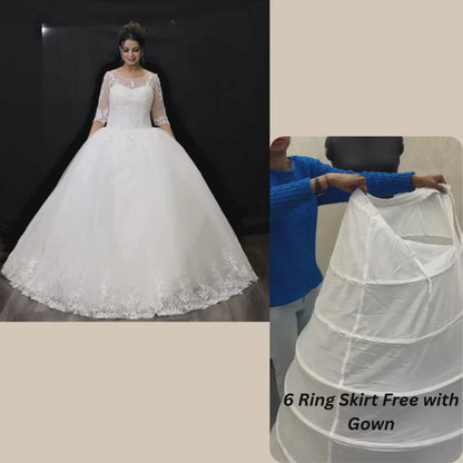 GownLink’s Luxury Bridal Ball Gown for Christian & Catholic Weddings Designer White Princess Wedding Dress with Transparent Full Lace Sleeves & Elegant Royal Flare-GLGF074