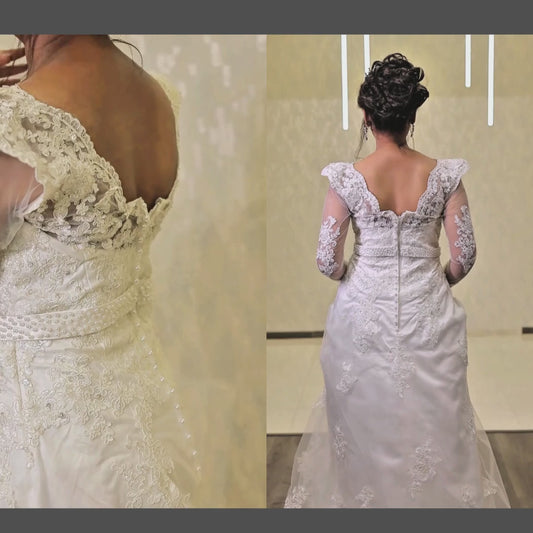 Modest white wedding gown with lace and pearls in Hyderabad