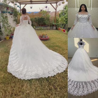 GownLink White Catholic Bridal Train Gown with Beaded Lace for Church Wedding Brides GLHMD16050083T