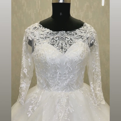 GownLink Elegant White Church Wedding Gown for Christian Brides with Long Sleeves & Train GLGF051T