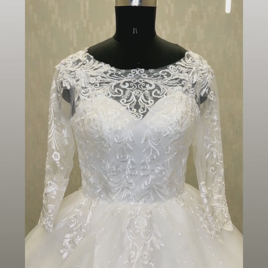 GownLink White Christian Wedding  Train Gown with Long Sleeves GLGF051T