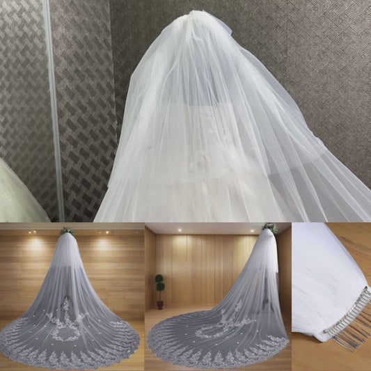 Elegant Christian wedding veil with lace blusher and cathedral train.