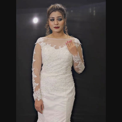 GownLink White Body Fitted Mermaid Wedding Gown with Long Train for Christian & Catholic Brides GL330XFM