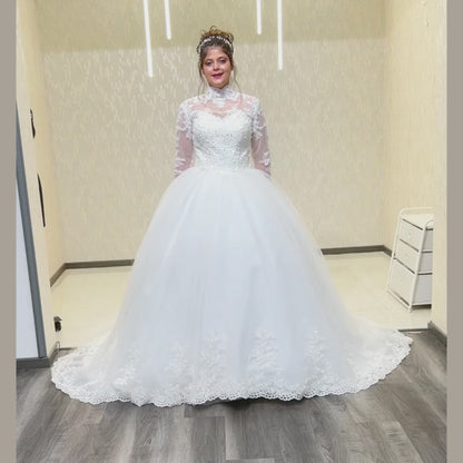 GownLink Luxury High Neck White Wedding Train Gown for Christian & Catholic Church Brides GLW20