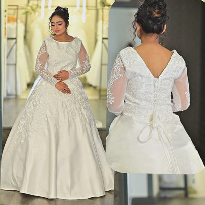 GownLink White Satin Christian Catholic Church Wedding Bridal Train Gown with Lace - GLHMST7