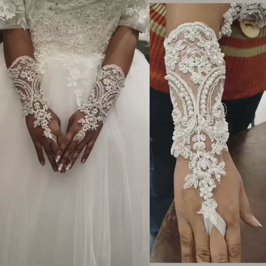 GownLink Gloves Adorned with Pearls of Elegance for Christian & Catholic Wedding G2