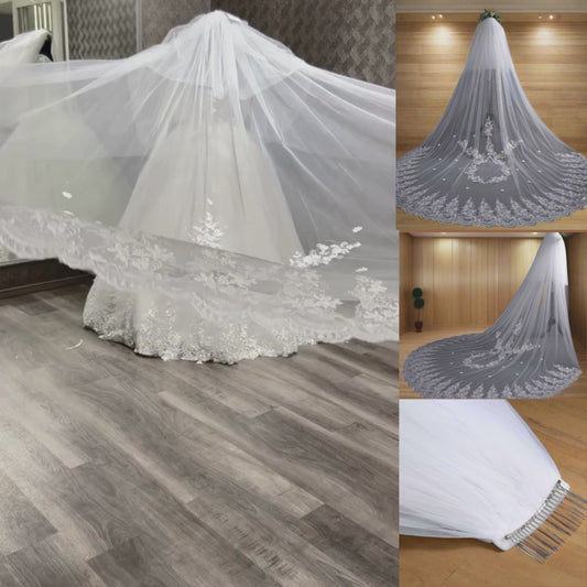 White cathedral Christian wedding veil by GownLink with lace trim.
