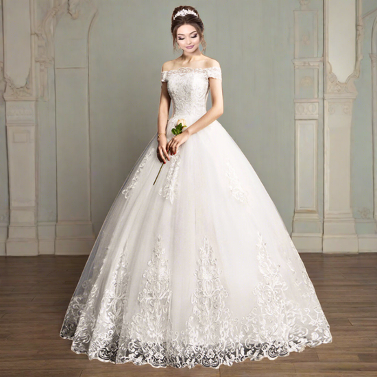 white off shoulder wedding dress ball gown