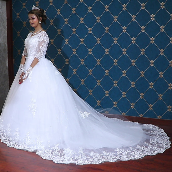 White bridal trail gown/dress with a train in Jaipur Rajasthan