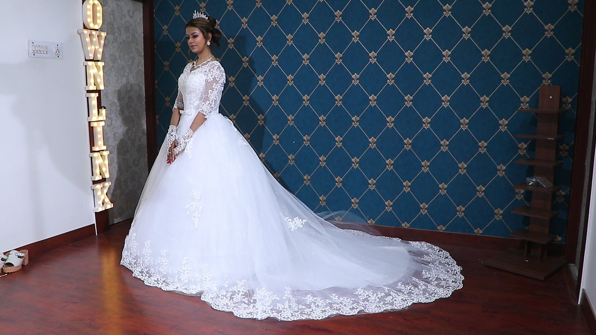 White bridal trail gown/dress with a train in Jaipur Rajasthan