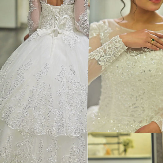 GownLink Stunning White Catholic Wedding Ball Gown with Beaded Lace GLGT179B