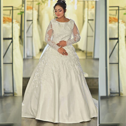 GownLink White Satin Christian Catholic Church Wedding Bridal Train Gown with Lace - GLHMST7