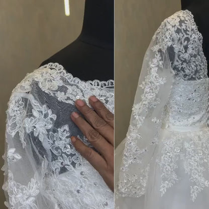 GownLink Classic White A-Line Bridal Gown with Full Sleeves and Long Train Style GLR015