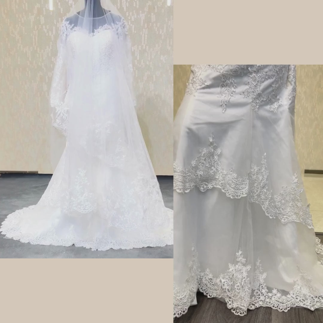 White Roman-style mermaid wedding gown for church in Karnatak