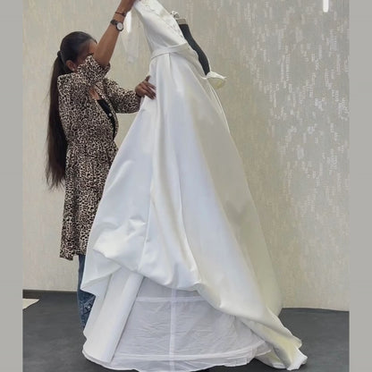 GownLink Elegant White Bridal Satin Train Gown Christian Catholic Wedding Dress with Round Neck for Bride GLSTP20