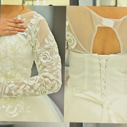 GownLink White Catholic Wedding Ball Gown for Christian & Church Brides Full Sleeves Lace Applique Bridal Wedding Gown -GLGF038B
