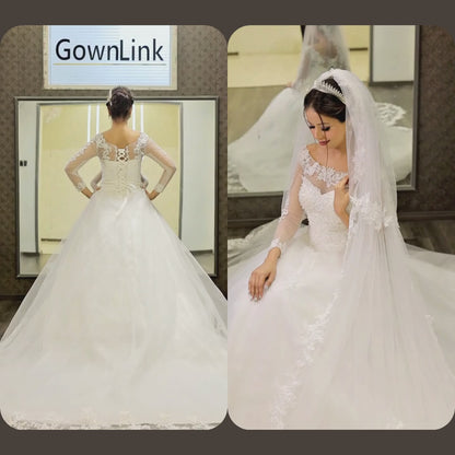 GownLink Luxury Bridal Train Gown for Women White Christian Church Wedding Dress GLGF042T