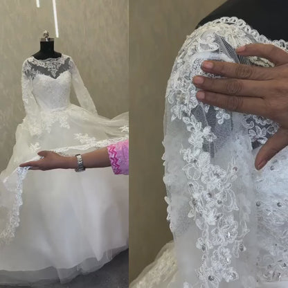 GownLink Classic White A-Line Bridal Gown with Full Sleeves and Long Train Style GLR015