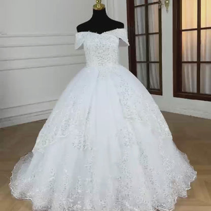 GownLink Designer Off-Shoulder White Wedding Train Gown Christian & Catholic Bridal Wedding Dress for Women-GLGB179T