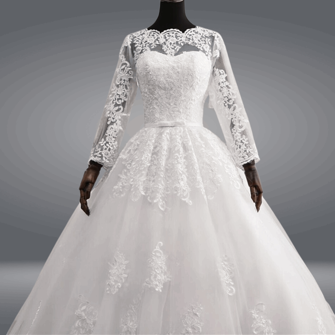 Princess-style white bridal gown with embroidered lace bodice and elegant cathedral-inspired design