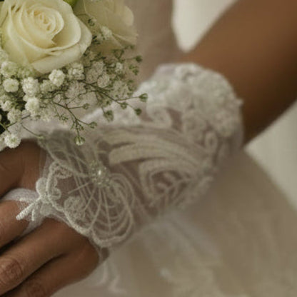 Close-up of pearl or crystal detail on Bridal Gloves — GownLink G24