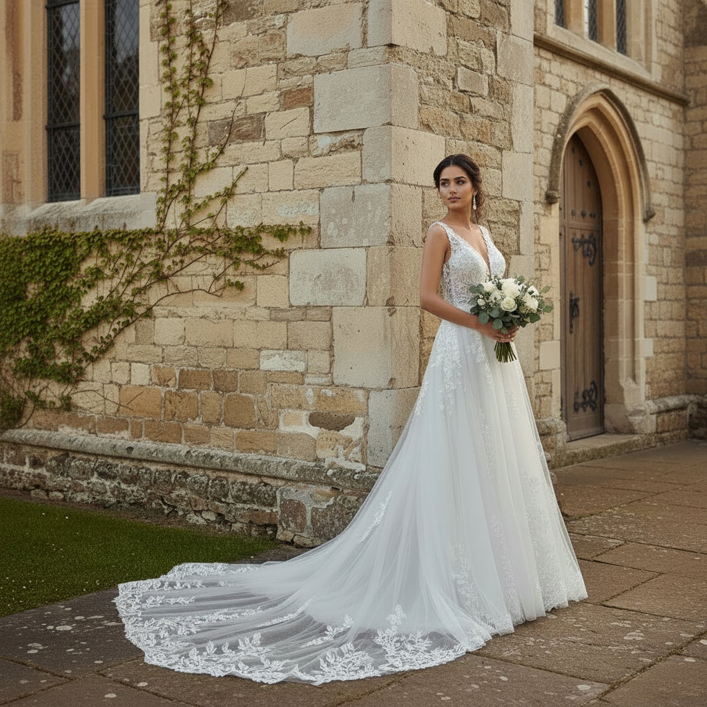 GownLink White Wedding A Line Trail Gown GLGA800T