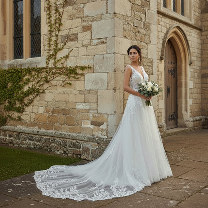 GownLink White Wedding A Line Trail Gown GLGA800T