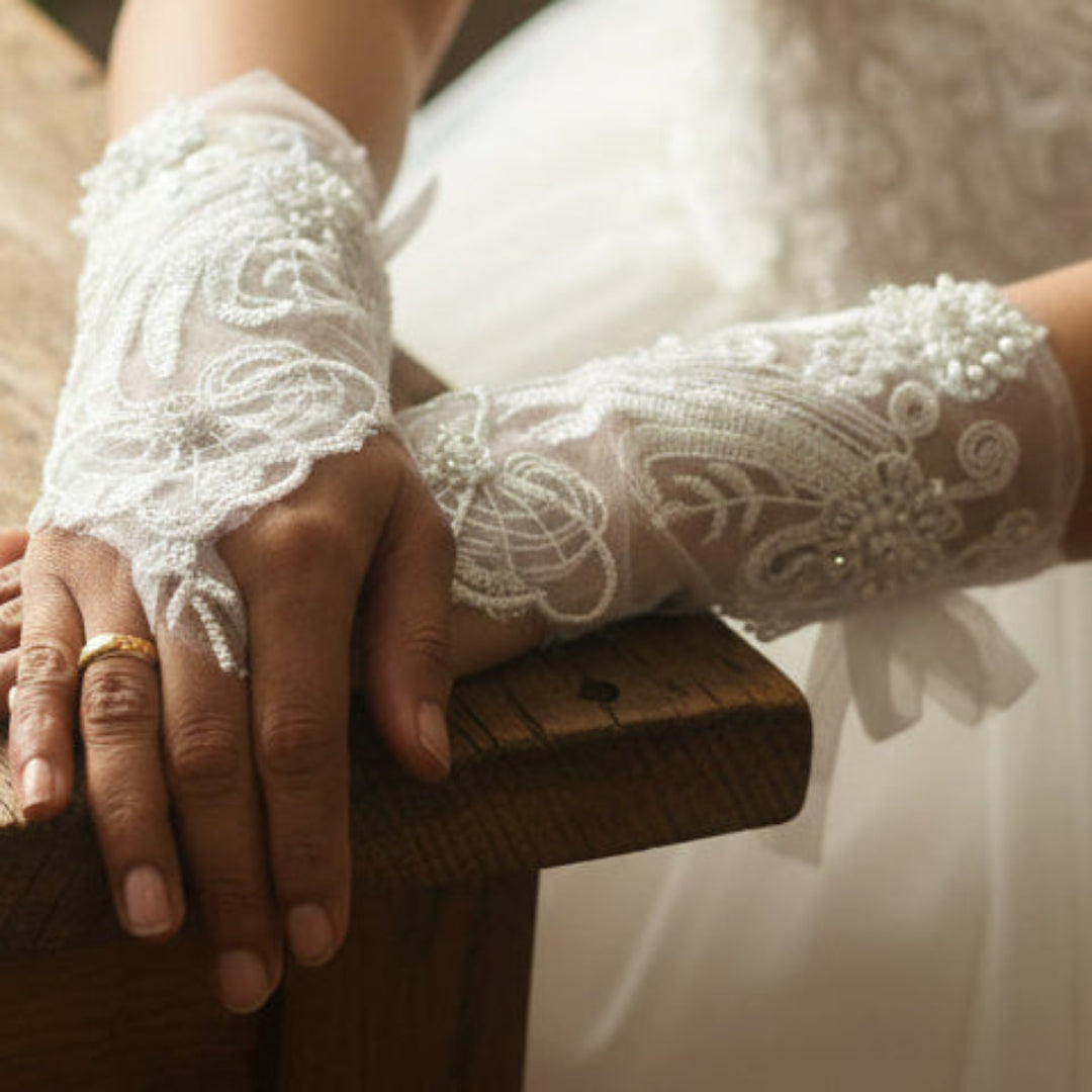 Side view of Bridal Gloves showing fit and length — GownLink G24