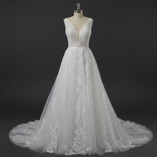 GownLink White Wedding A Line Trail Gown GLGA800T