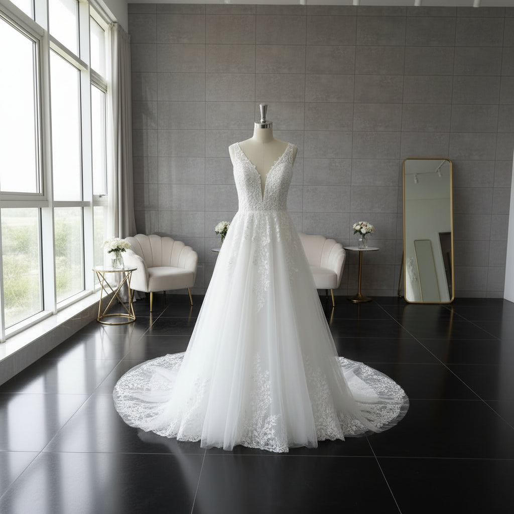 GownLink White Wedding A Line Trail Gown GLGA800T