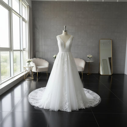 GownLink White Wedding A Line Trail Gown GLGA800T