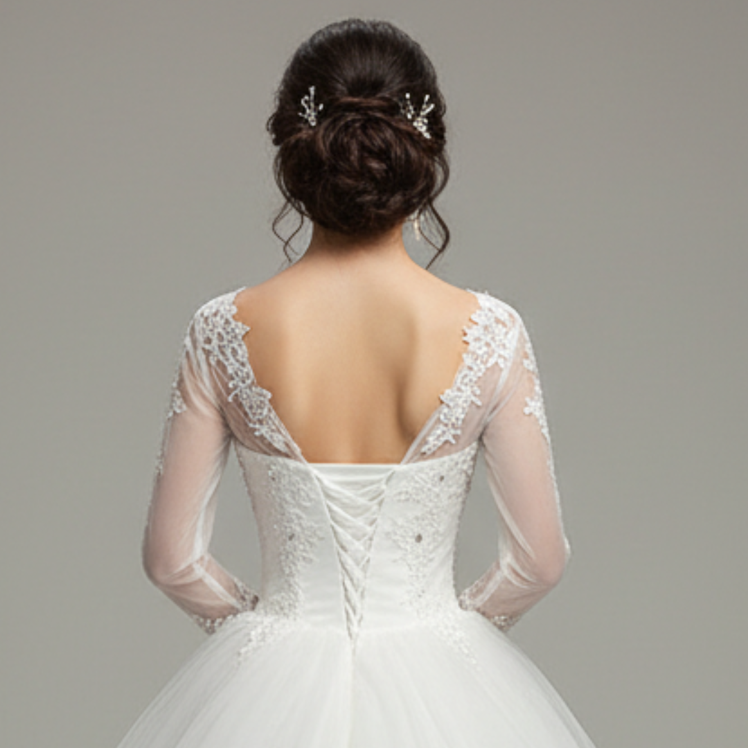 Close-up of lace and fabric detail on White Bridal Gown with Long Train — GownLink GLHSD189T