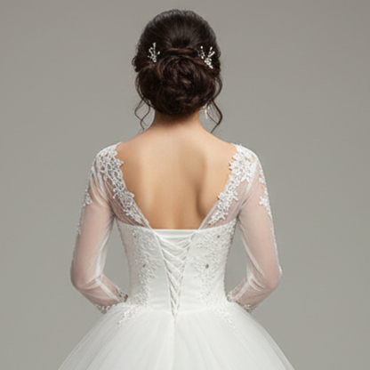 Close-up of lace and fabric detail on White Bridal Gown with Long Train — GownLink GLHSD189T