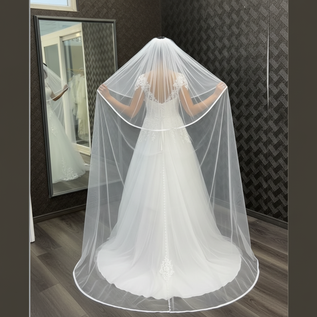 Church wedding bridal veil with satin trim and lightweight soft tulle