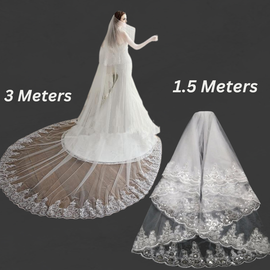 GownLink premium white tulle bridal veil with sequence lace for church wedding veil