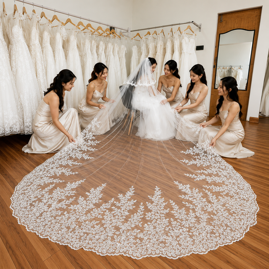Front view of Cathedral Bridal Veil draped over model — GownLink GLVD30