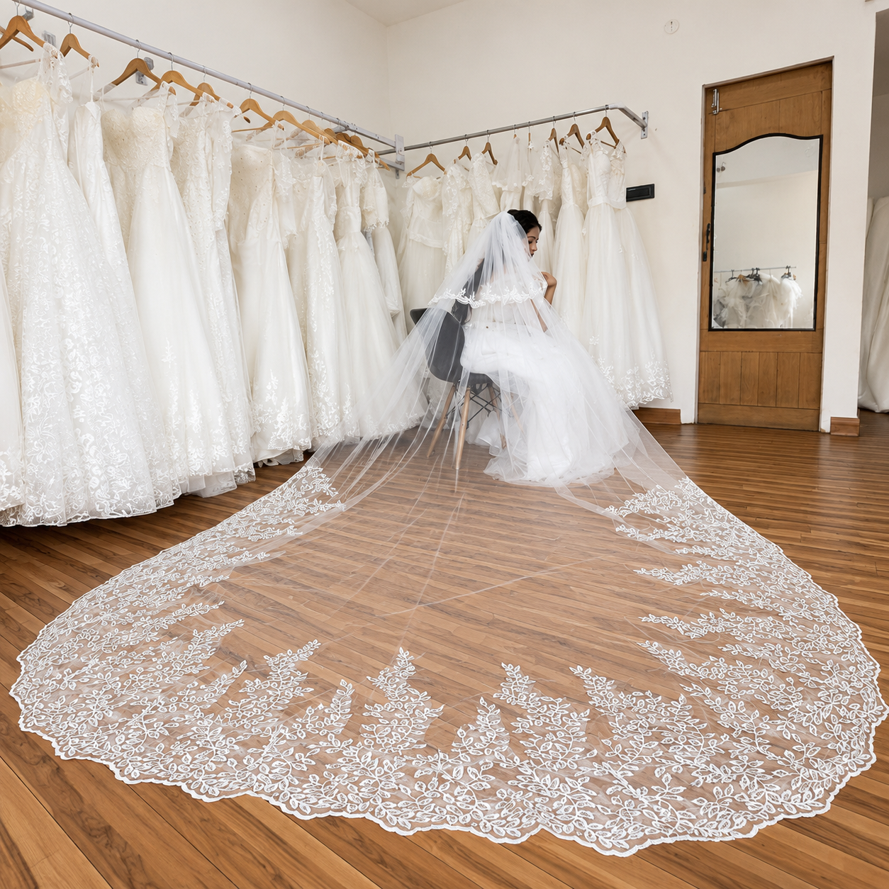 Side view of Cathedral Bridal Veil with comb attachment visible — GownLink GLVD30
