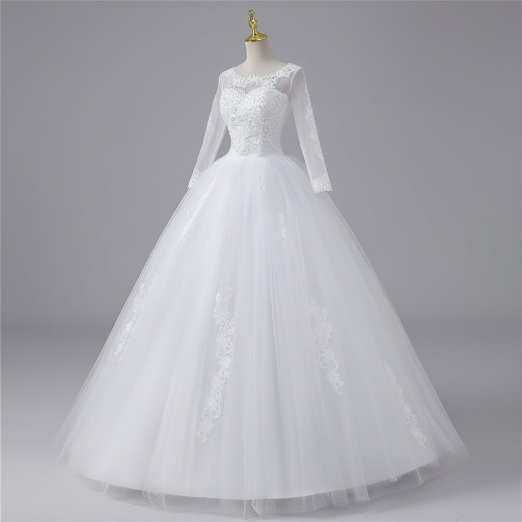 Full-length view of White Ball Gown with train spread on floor — GownLink GLGF042B