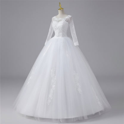 Full-length view of White Ball Gown with train spread on floor — GownLink GLGF042B