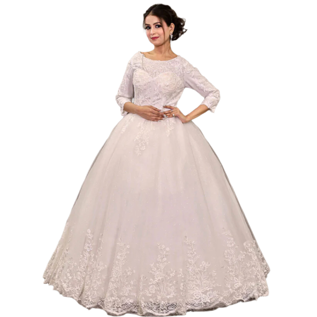 Timeless GownLink Christian bridal gown with floral lace appliqués, three-quarter sleeves, and a romantic tulle skirt