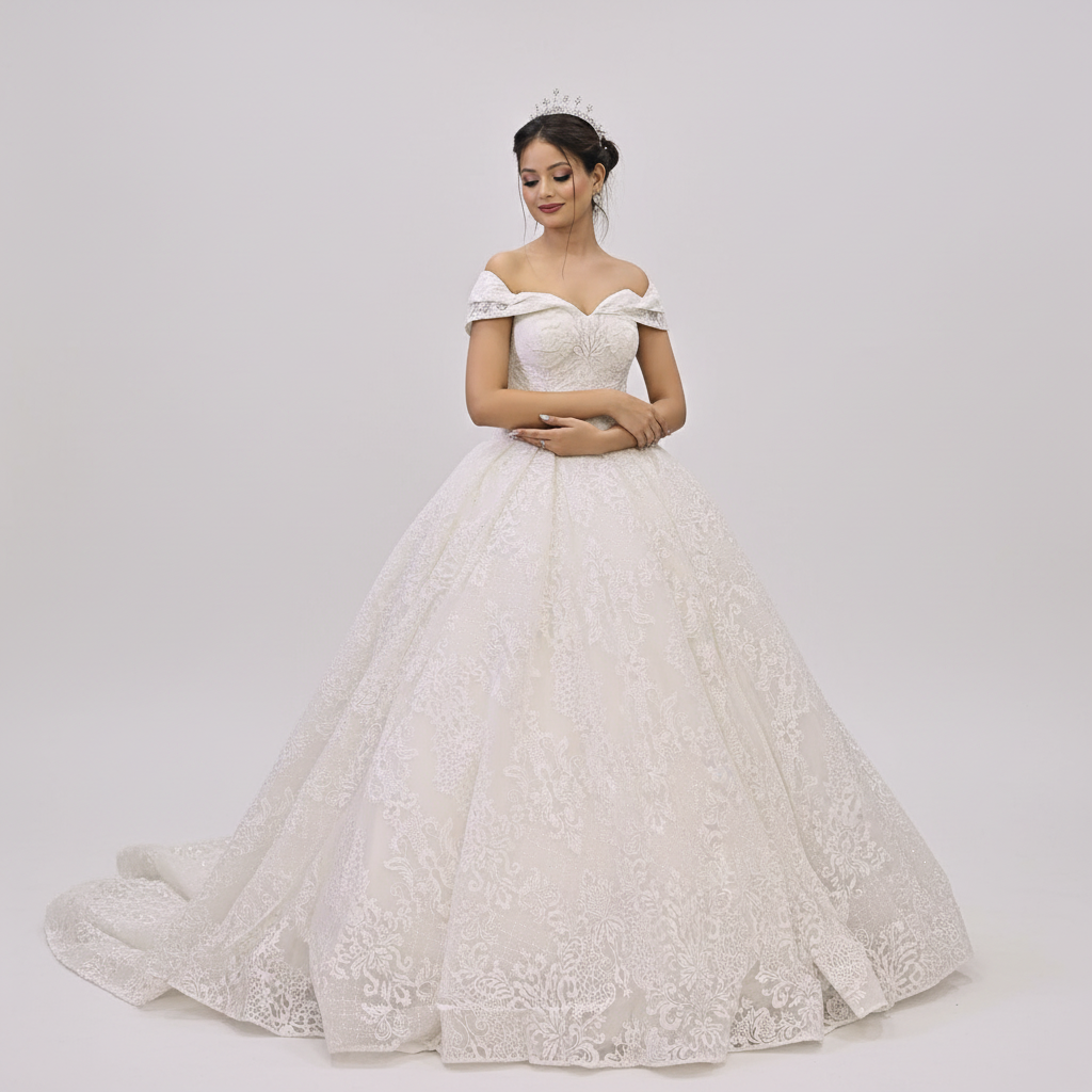 Hem and train lace detail on White Ball Gown with Off-Shoulder — GownLink GLGF108
